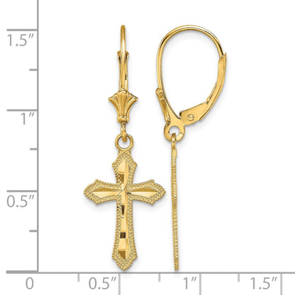 14K Diamond-cut Beaded Edge Cross Dangle Leverback Earrings