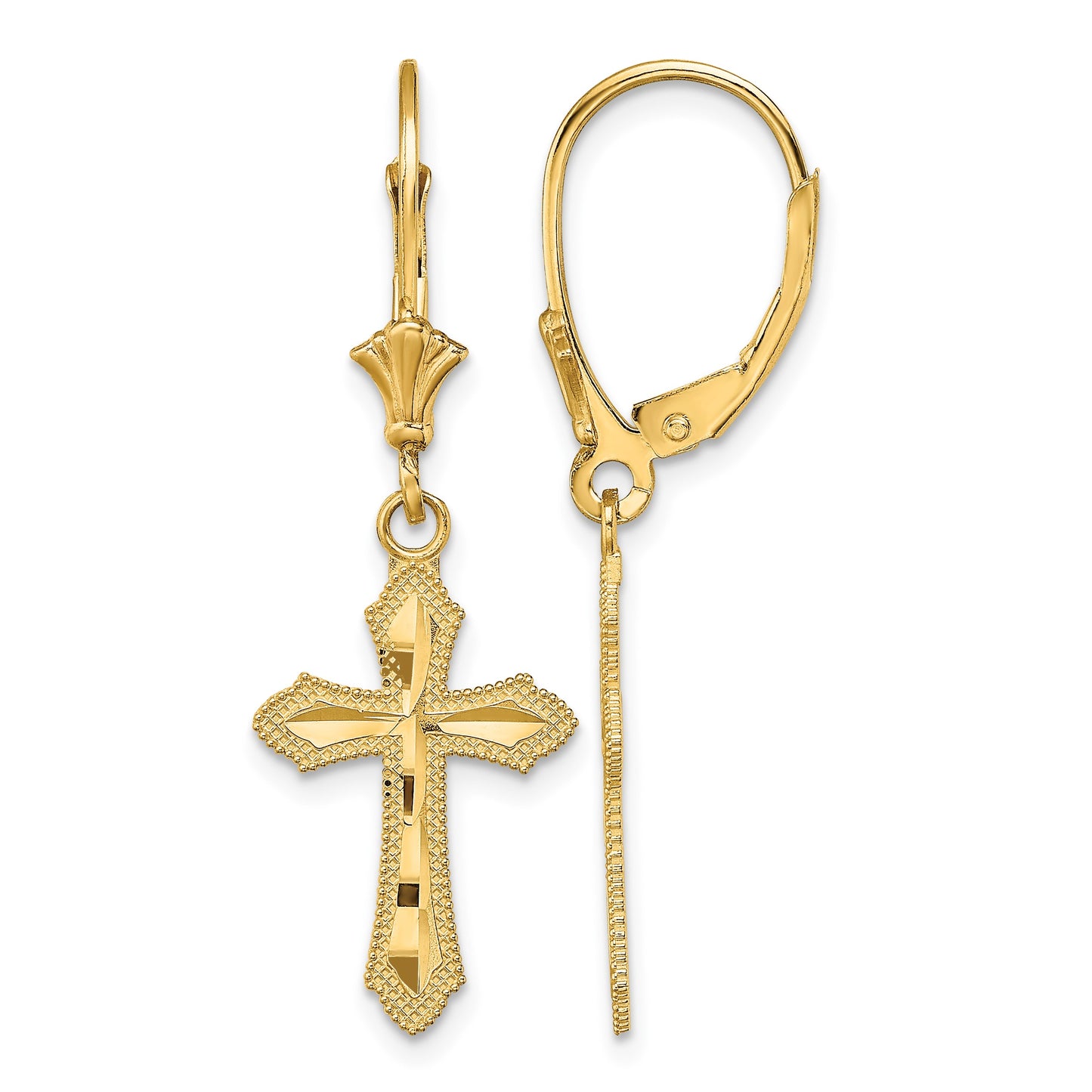 14K Diamond-cut Beaded Edge Cross Dangle Leverback Earrings