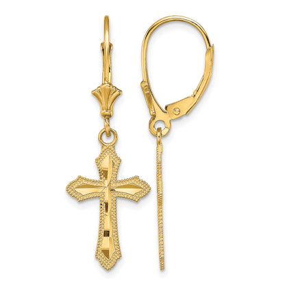 14K Diamond-cut Beaded Edge Cross Dangle Leverback Earrings