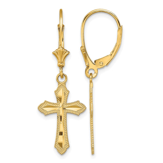 14K Diamond-cut Beaded Edge Cross Dangle Leverback Earrings