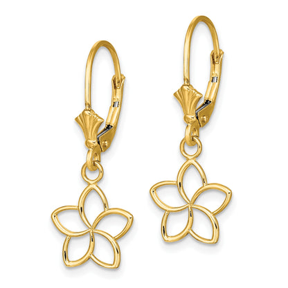 14K Polished Cut-Out Plumeria Flower Leverback Earrings