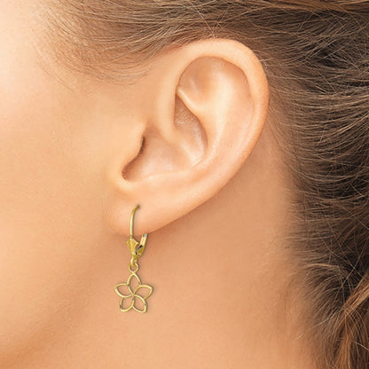 14K Polished Cut-Out Plumeria Flower Leverback Earrings