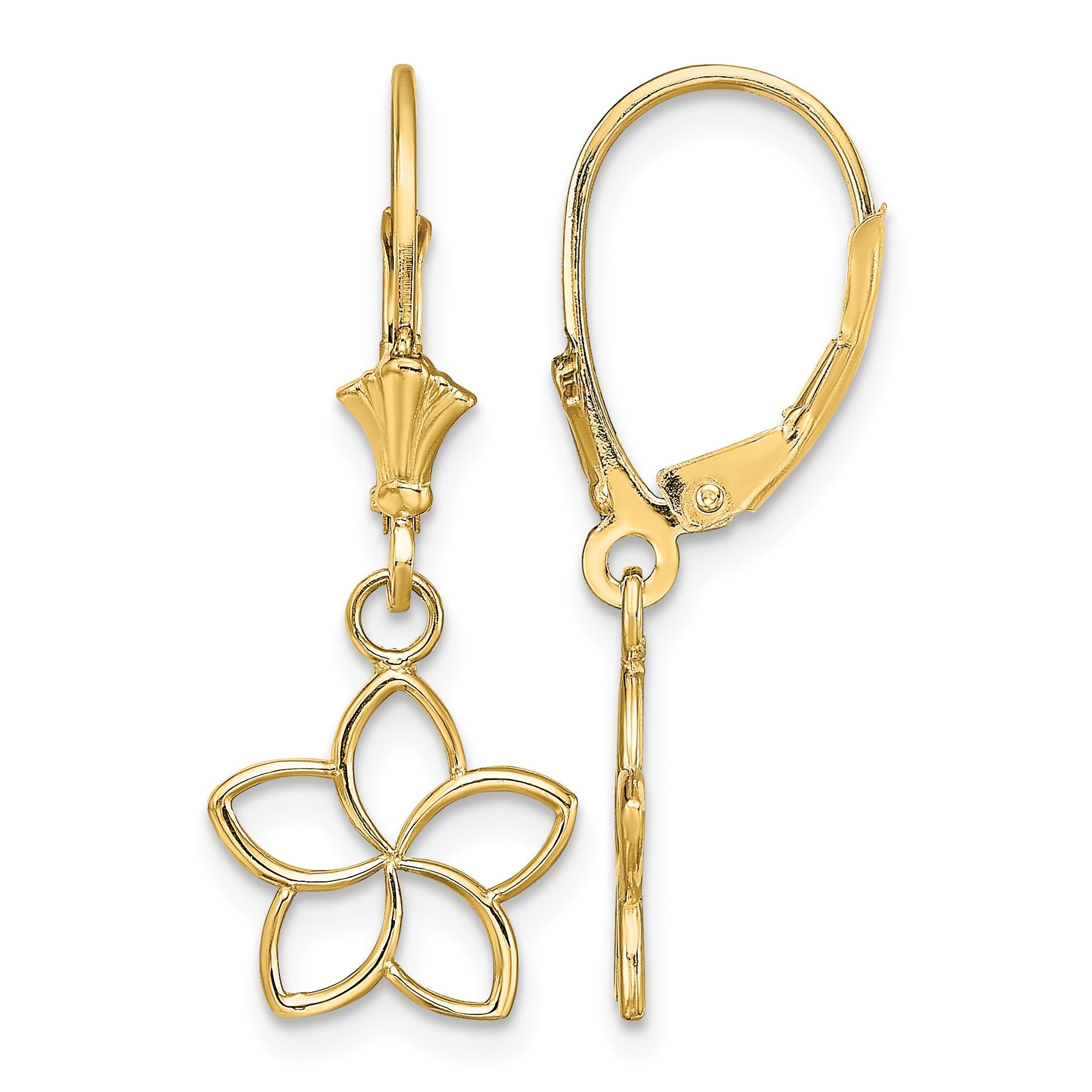 14K Polished Cut-Out Plumeria Flower Leverback Earrings