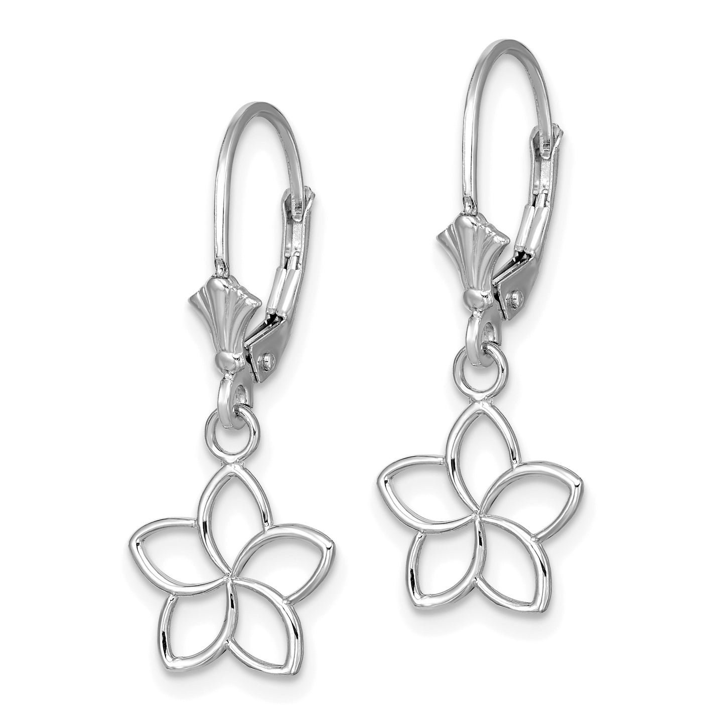 14K White Gold Polished Cut-Out Plumeria Flower Leverback Earrings
