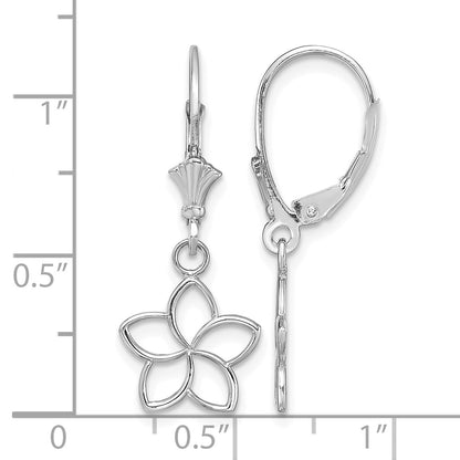 14K White Gold Polished Cut-Out Plumeria Flower Leverback Earrings