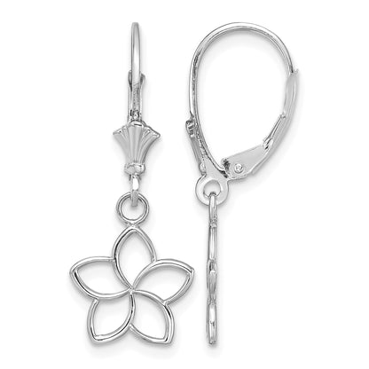 14K White Gold Polished Cut-Out Plumeria Flower Leverback Earrings