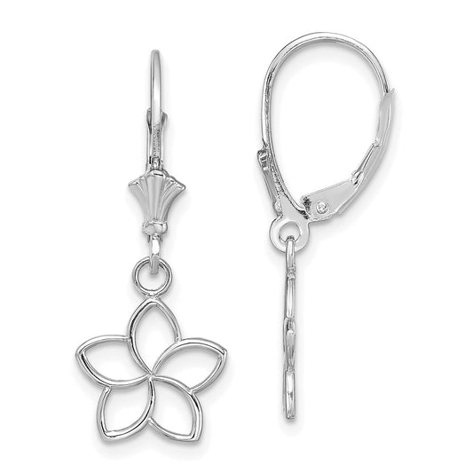 14K White Gold Polished Cut-Out Flower Leverback Earrings