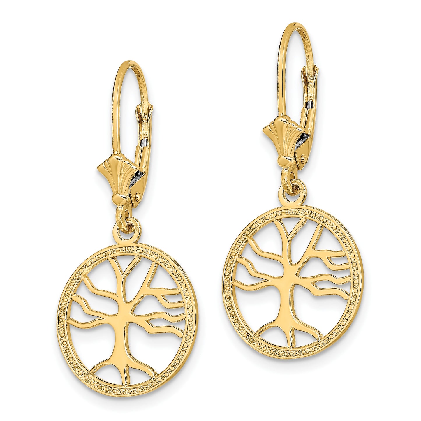 14K Tree of Life In Round Frame Dangle Leverback Earrings