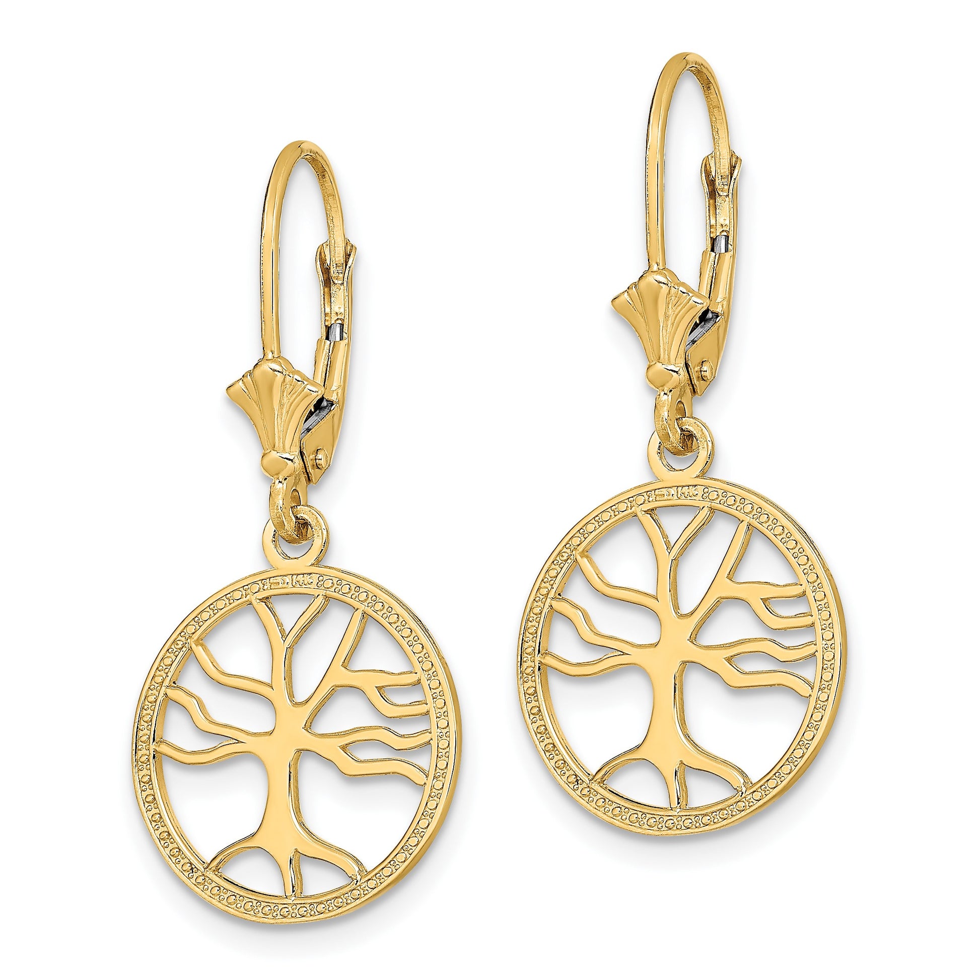 14K Tree of Life In Round Frame Dangle Leverback Earrings