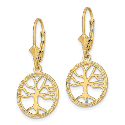 14K Tree of Life In Round Frame Dangle Leverback Earrings