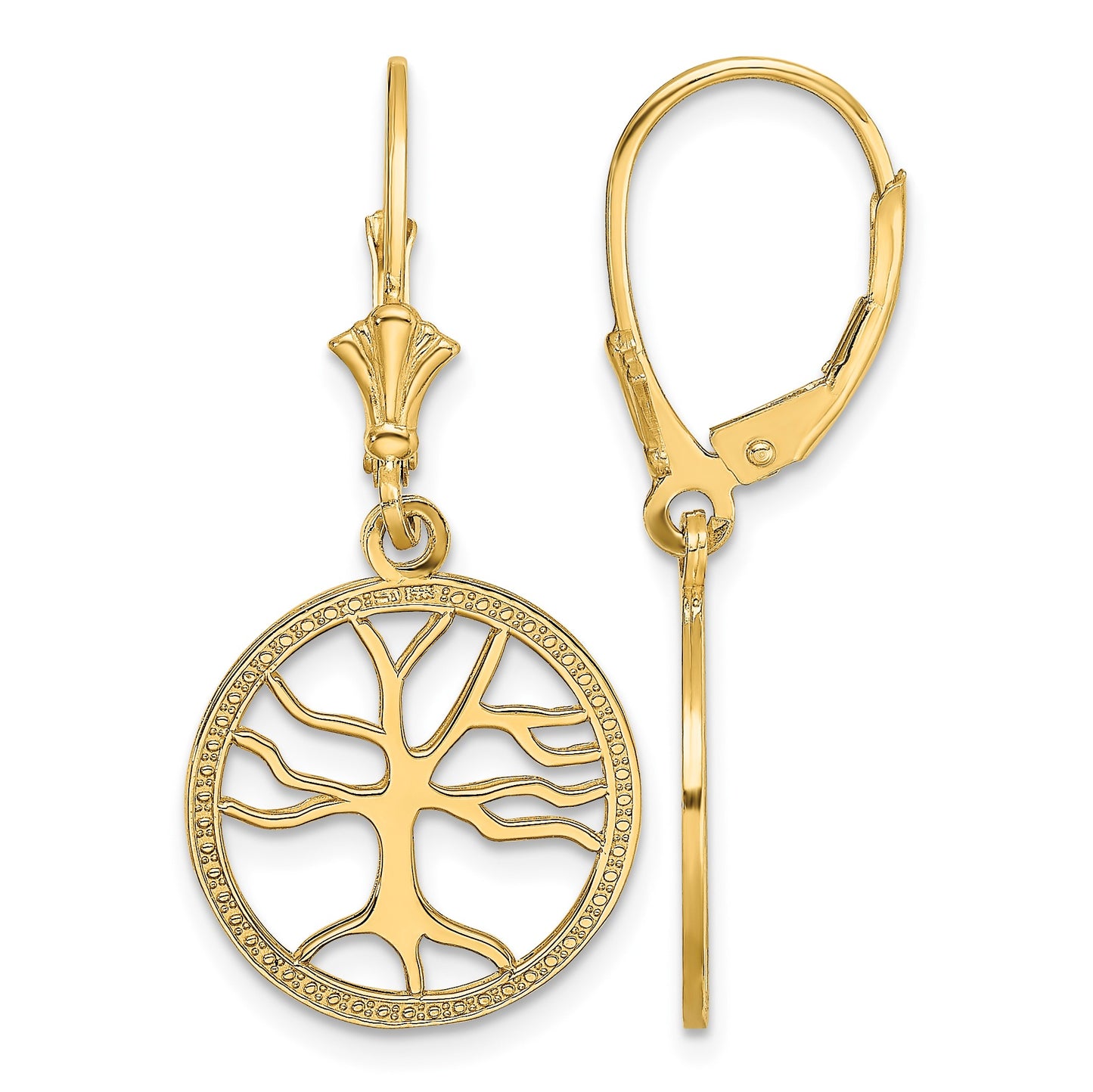 14K Tree of Life In Round Frame Dangle Leverback Earrings