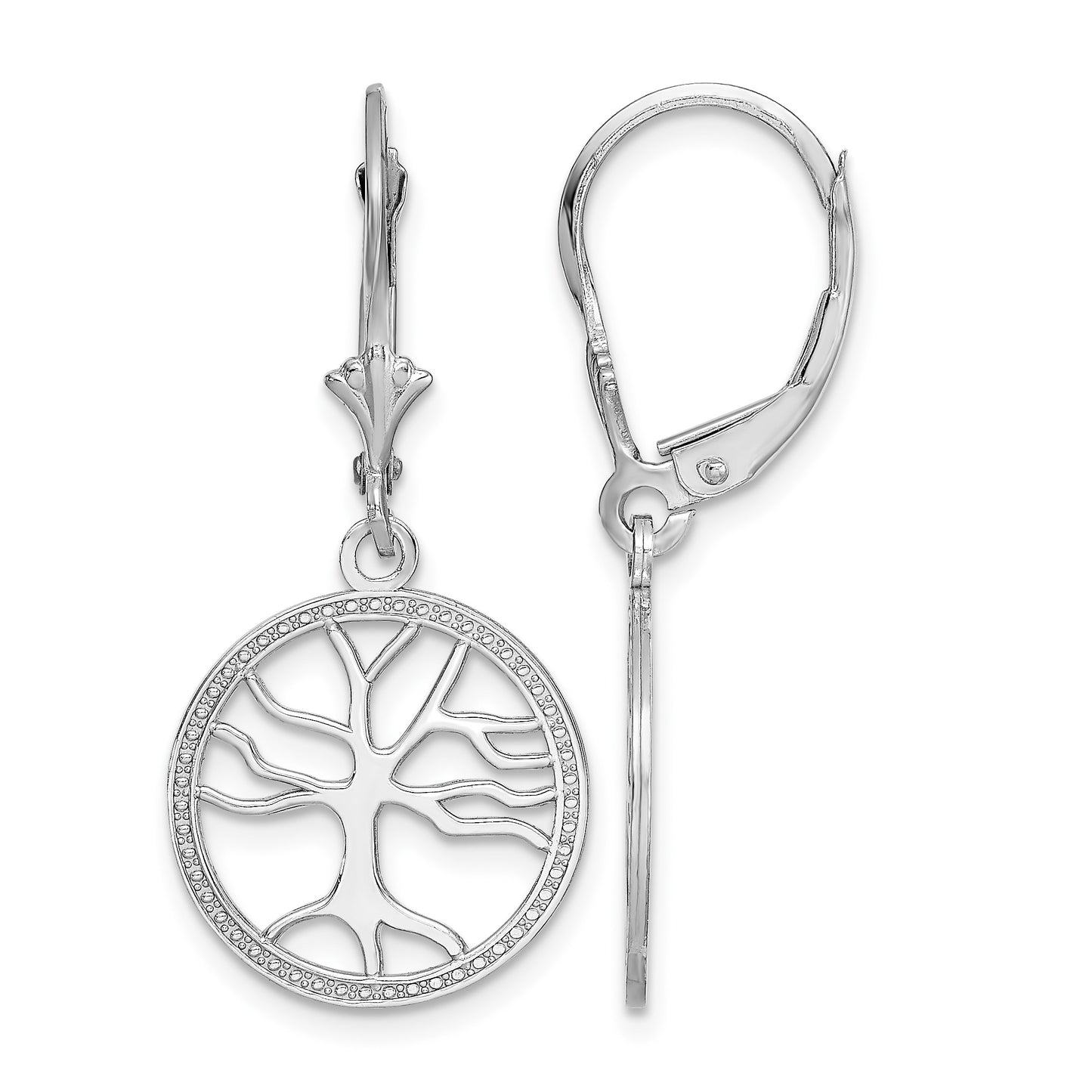 14K White Gold Tree of Life In Round Frame Dangle Leverback Earrings