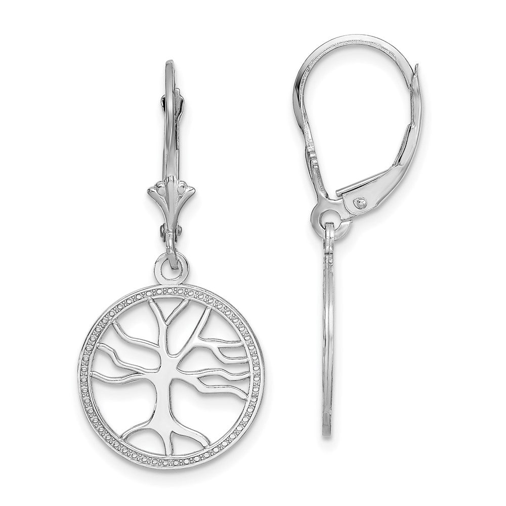 14K White Gold Tree of Life In Round Frame Leverback Earrings