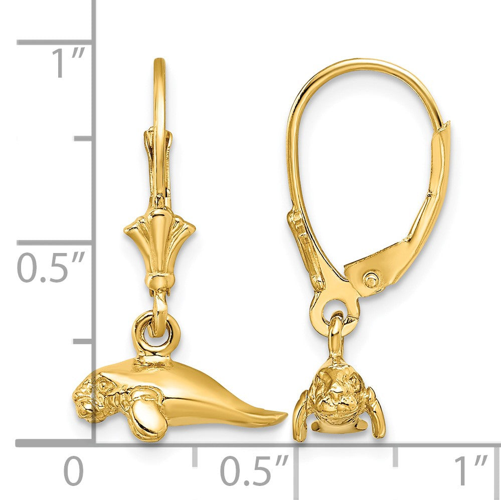 14K 3-D Polished Mini Manatee Dangle Leverback Earrings