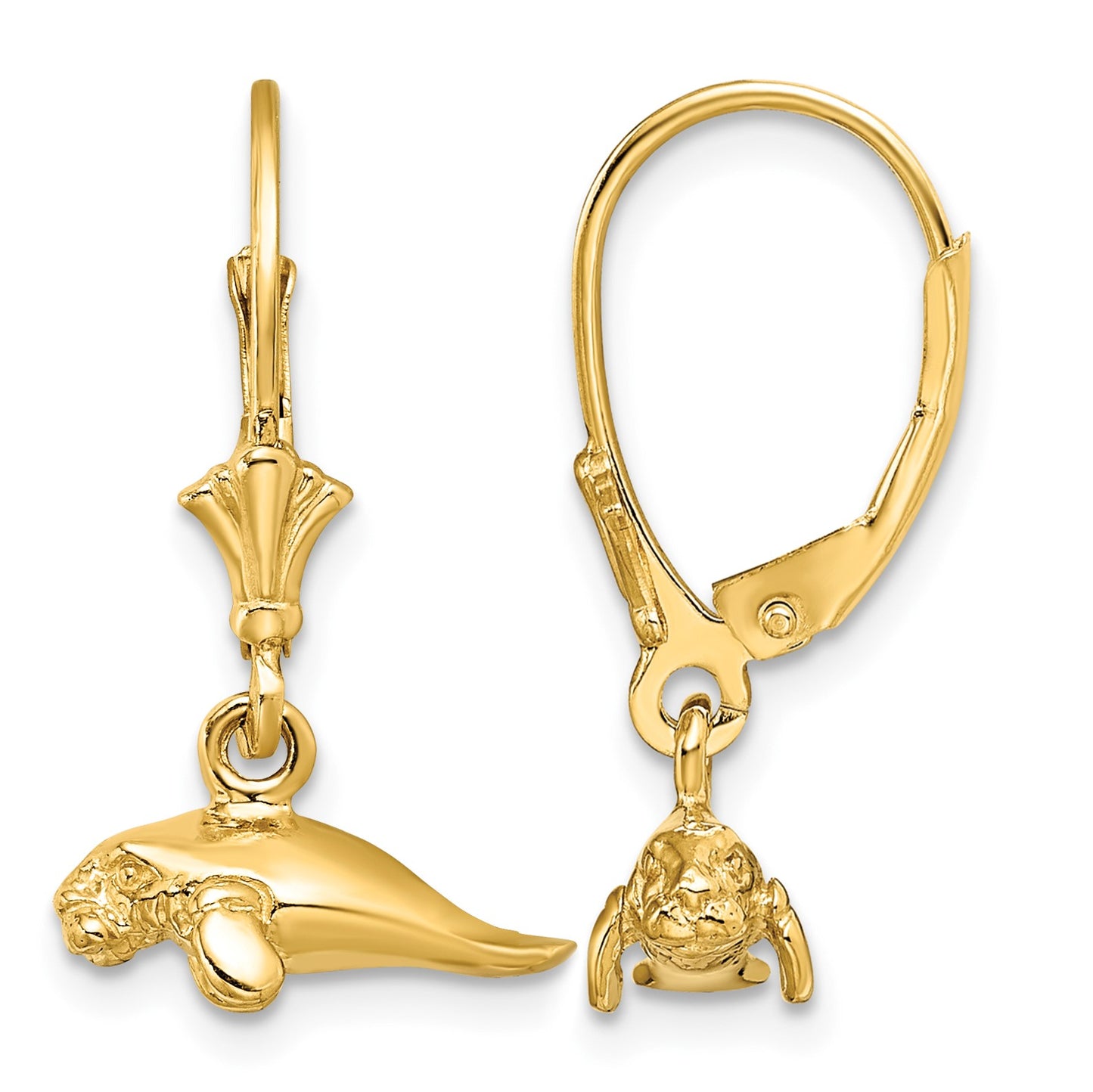 14K 3-D Polished Mini Manatee Dangle Leverback Earrings