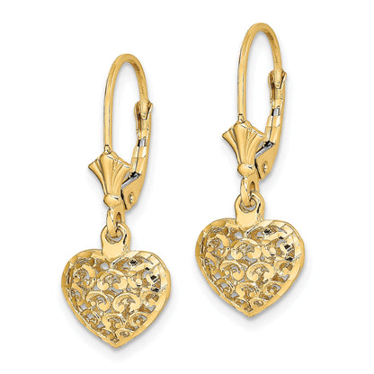 14k Diamond-cut Filigree Puffed Heart Leverback Earrings