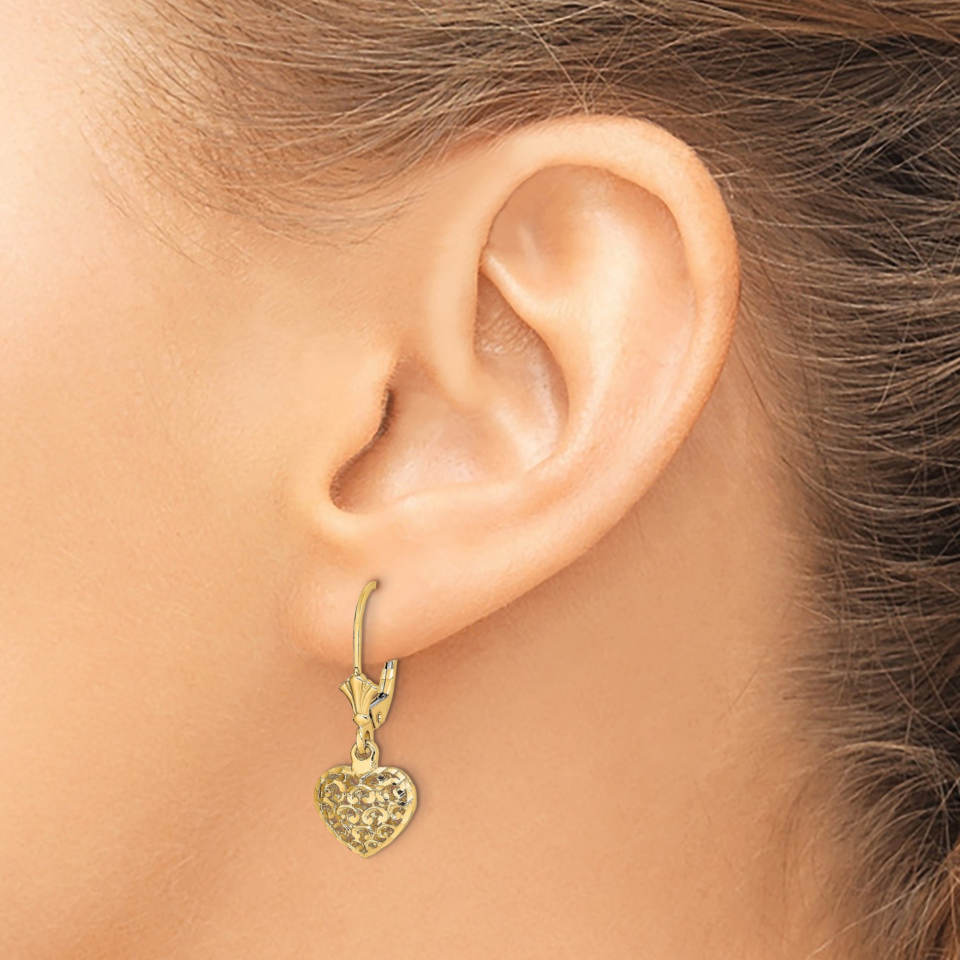 14k Diamond-cut Filigree Puffed Heart Leverback Earrings