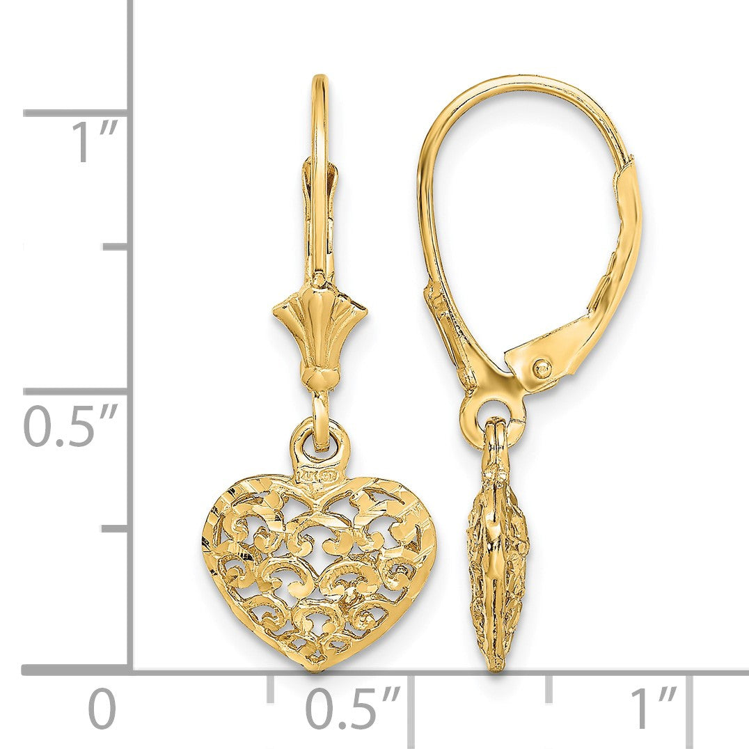 14k Diamond-cut Filigree Puffed Heart Leverback Earrings