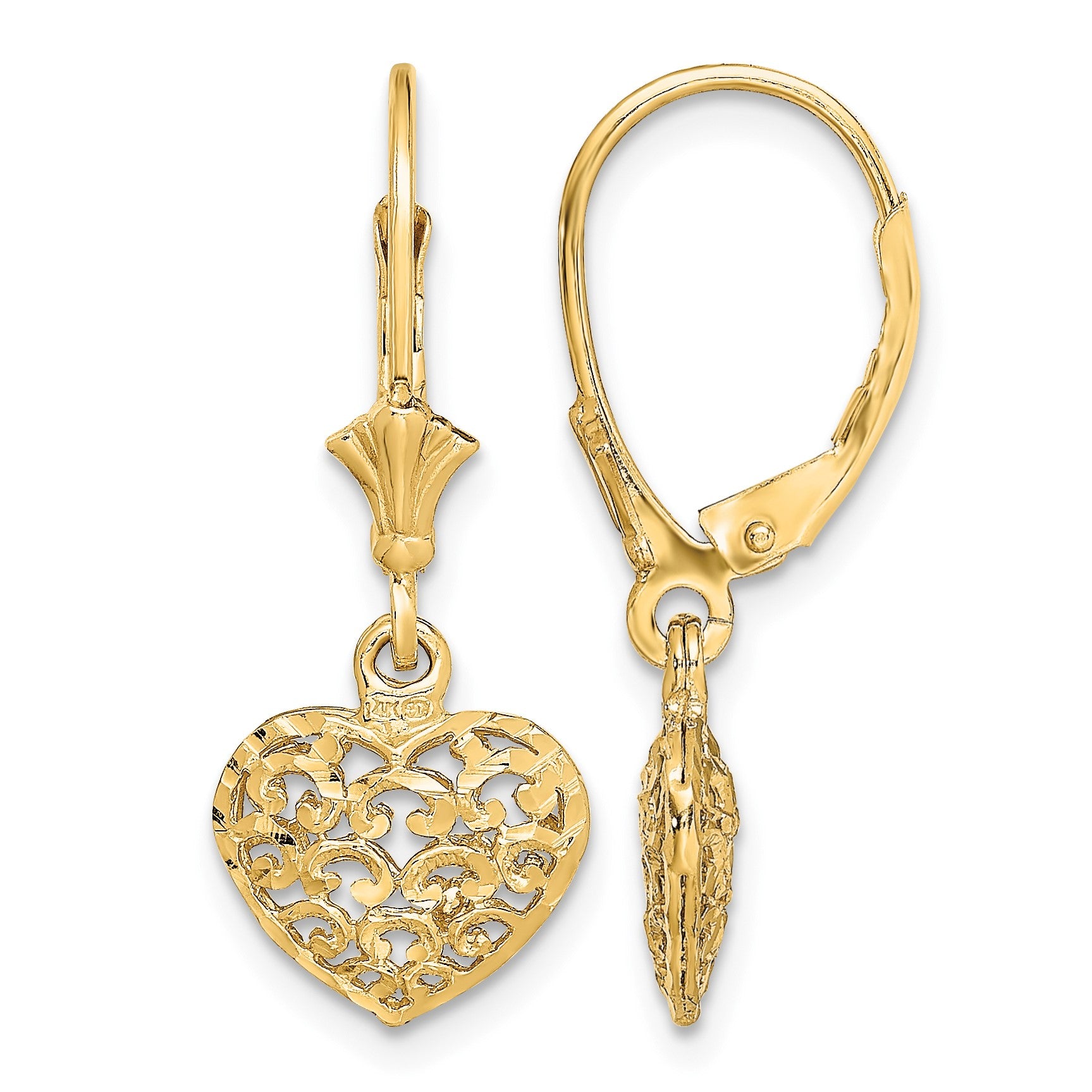 14k Diamond-cut Filigree Puffed Heart Leverback Earrings