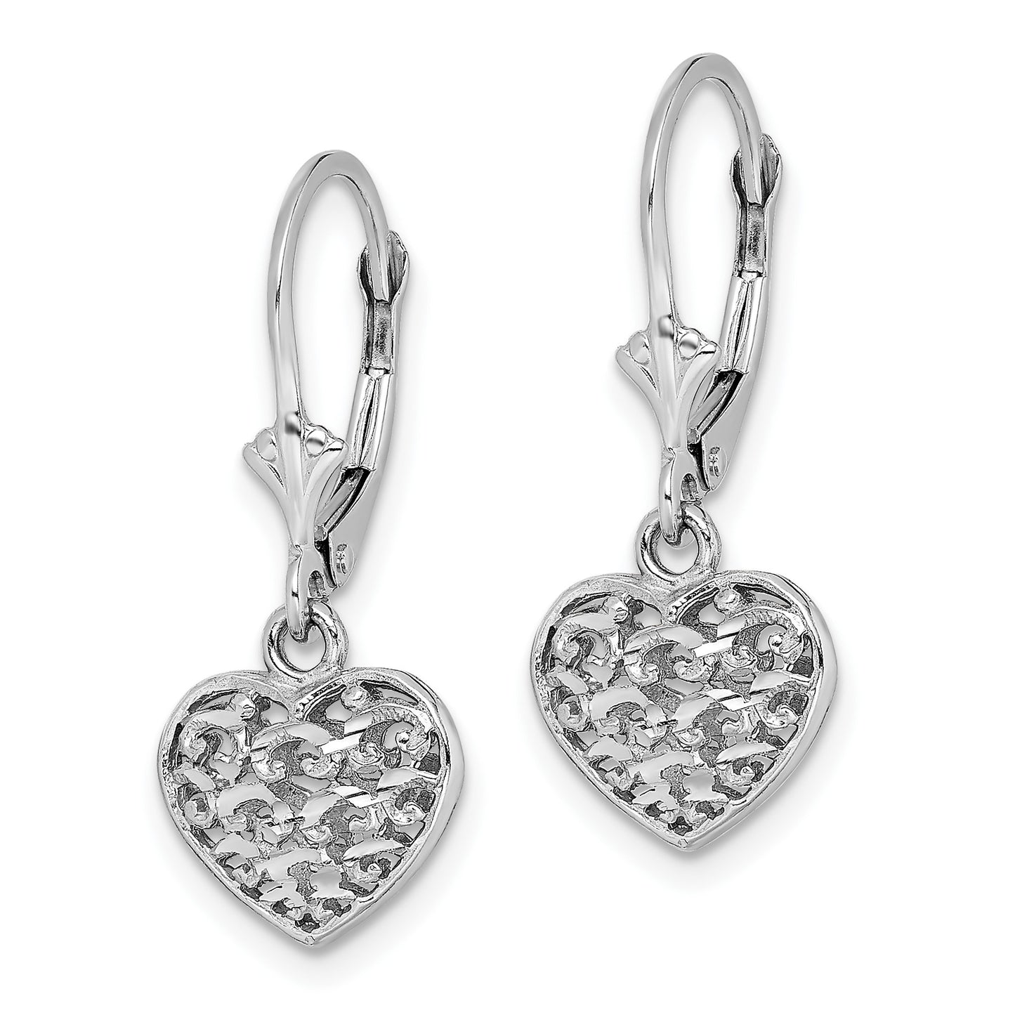 14K White Gold Diamond-cut Filigree Puffed Heart Leverback Earrings