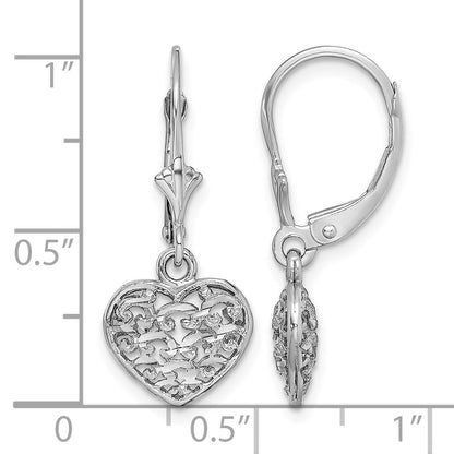14K White Gold Diamond-cut Filigree Puffed Heart Leverback Earrings