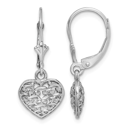 14K White Gold Diamond-cut Filigree Puffed Heart Leverback Earrings