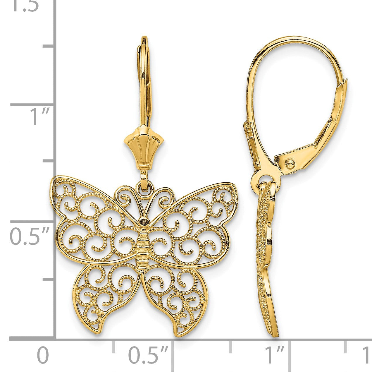 14K Large Butterfly with Beaded Filigree Wings Dangle Leverback Earrings