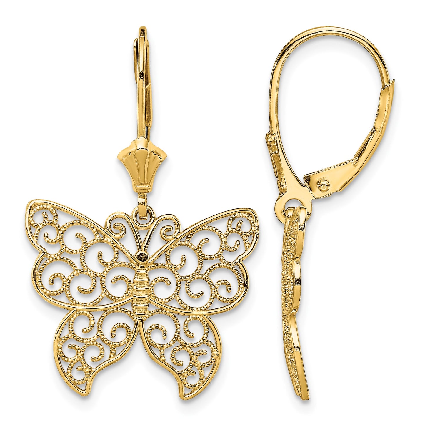 14K Large Butterfly with Beaded Filigree Wings Dangle Leverback Earrings