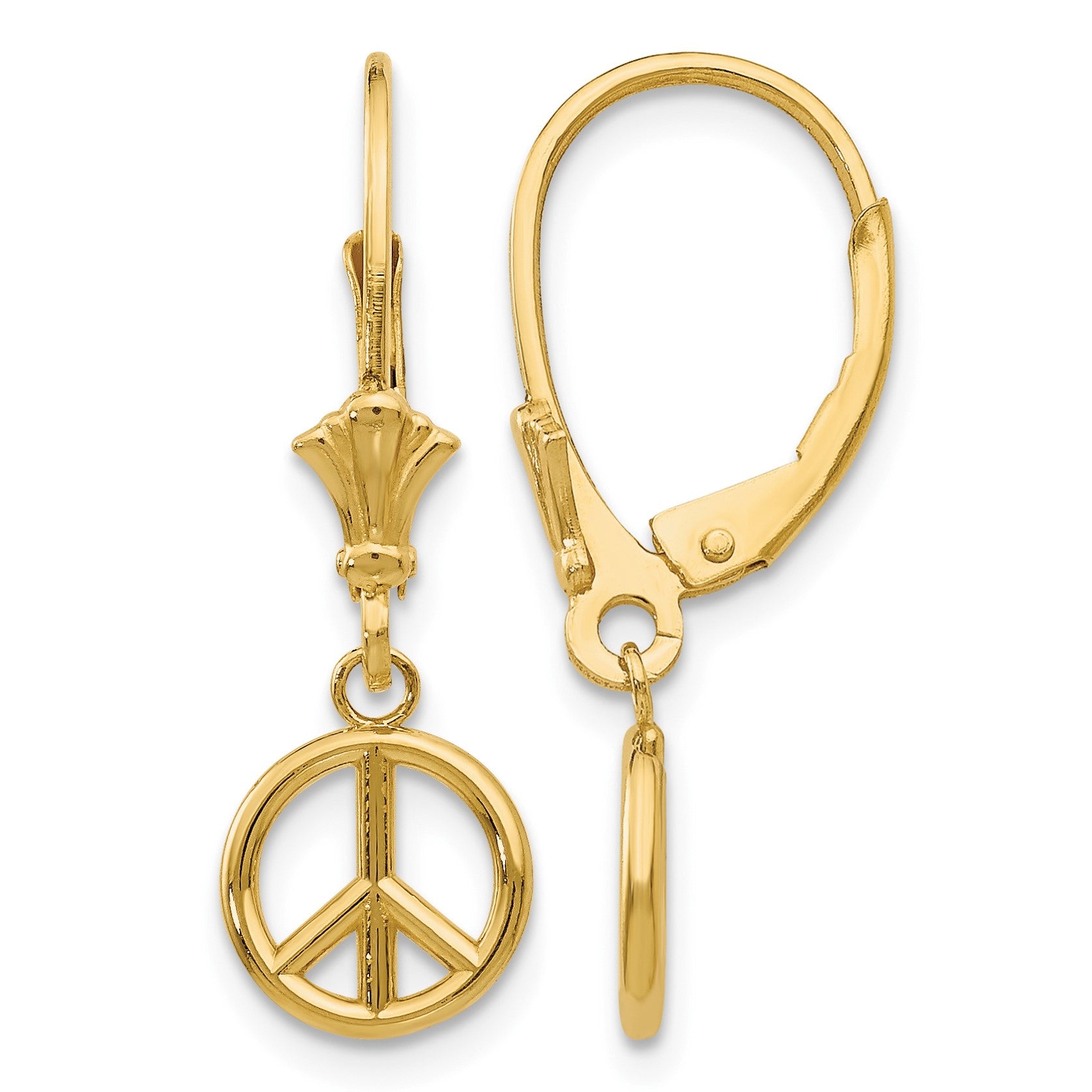 14K 3-D Peace Symbol Leverback Earrings