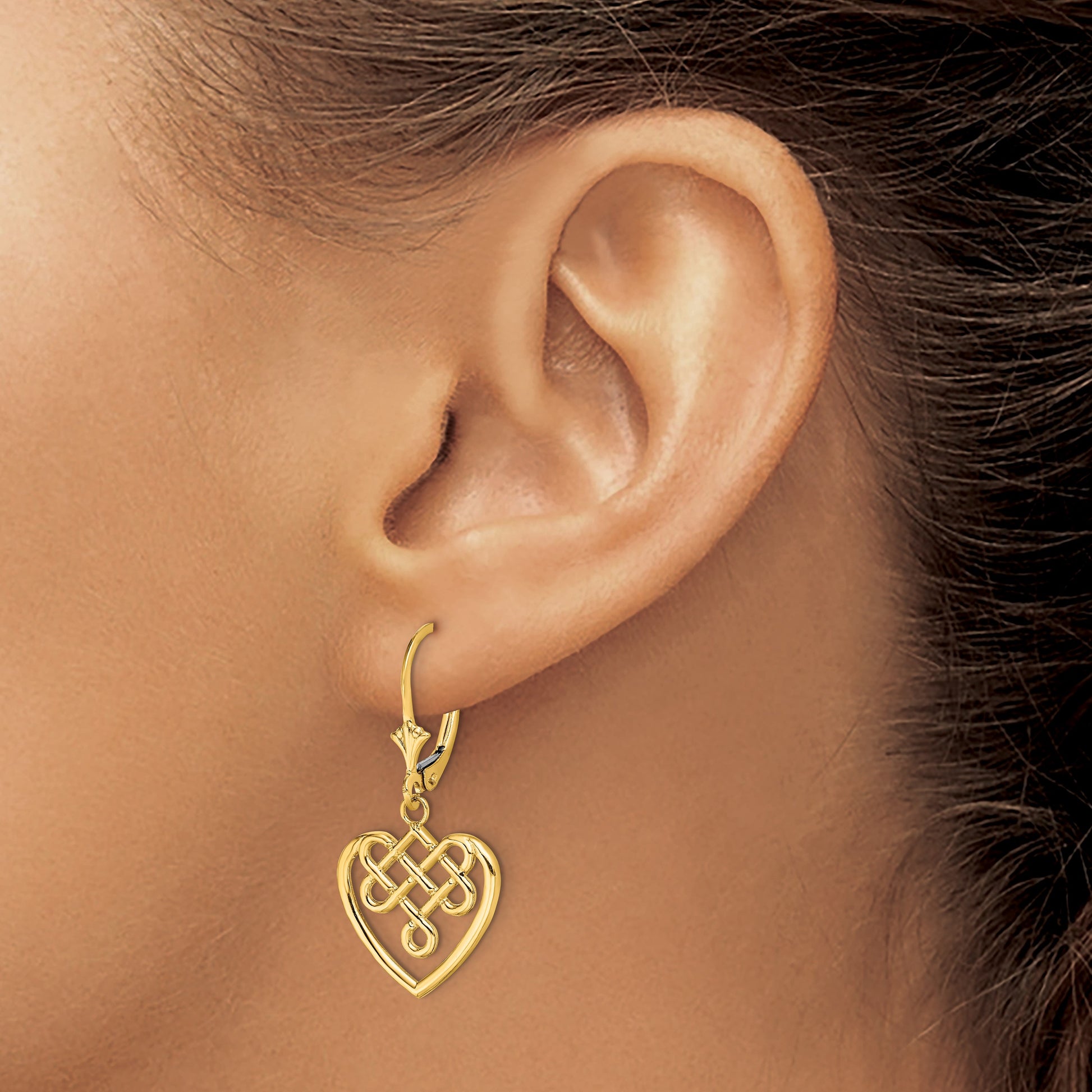 14K Celtic Knot Heart Dangle Leverback Earrings