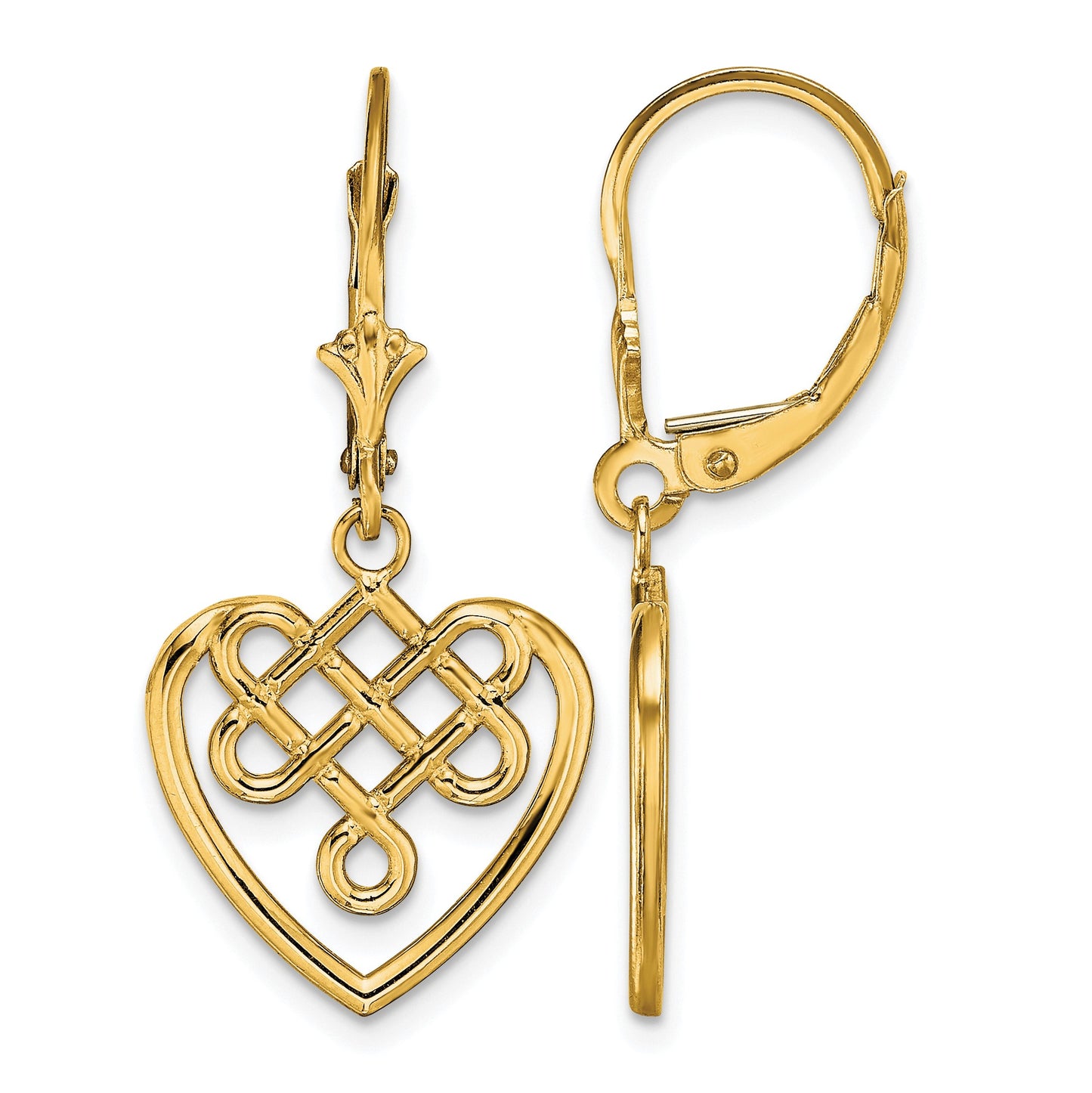 14K Celtic Knot Heart Dangle Leverback Earrings