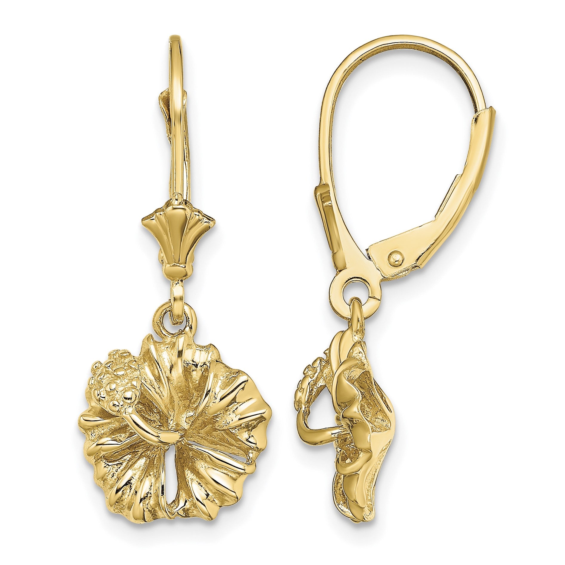 14K 2-D Textured Hibiscus Flower Leverback Earrings