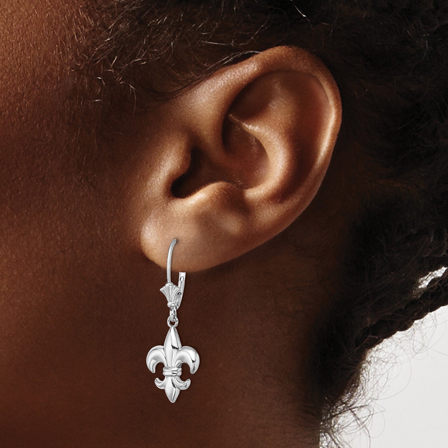 14K White Gold Fleur-de-Lis Dangle Leverback Earrings