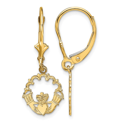 14k Polished Claddagh Dangle Leverback Earrings
