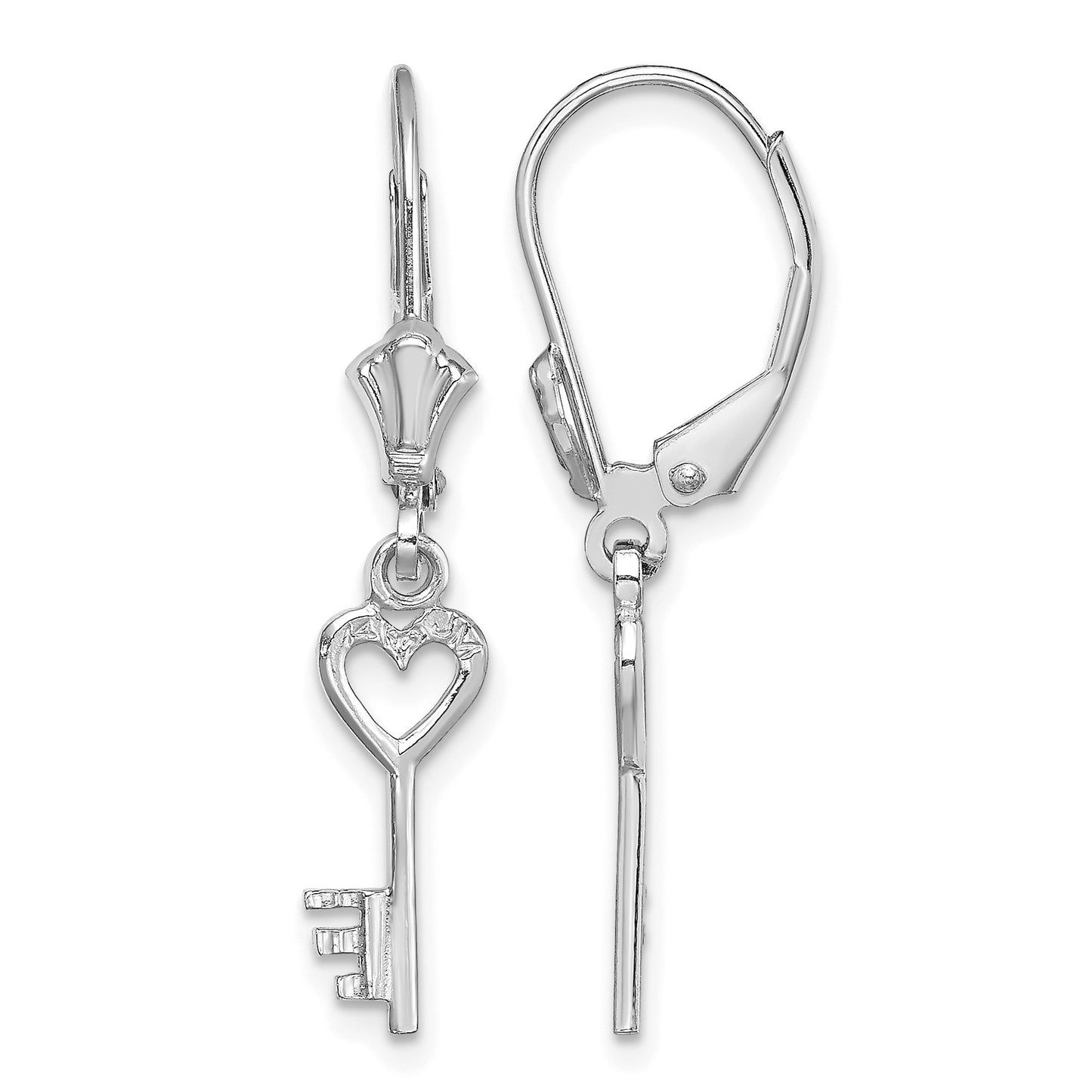 14K White Gold Polished Heart Key Leverback Earrings