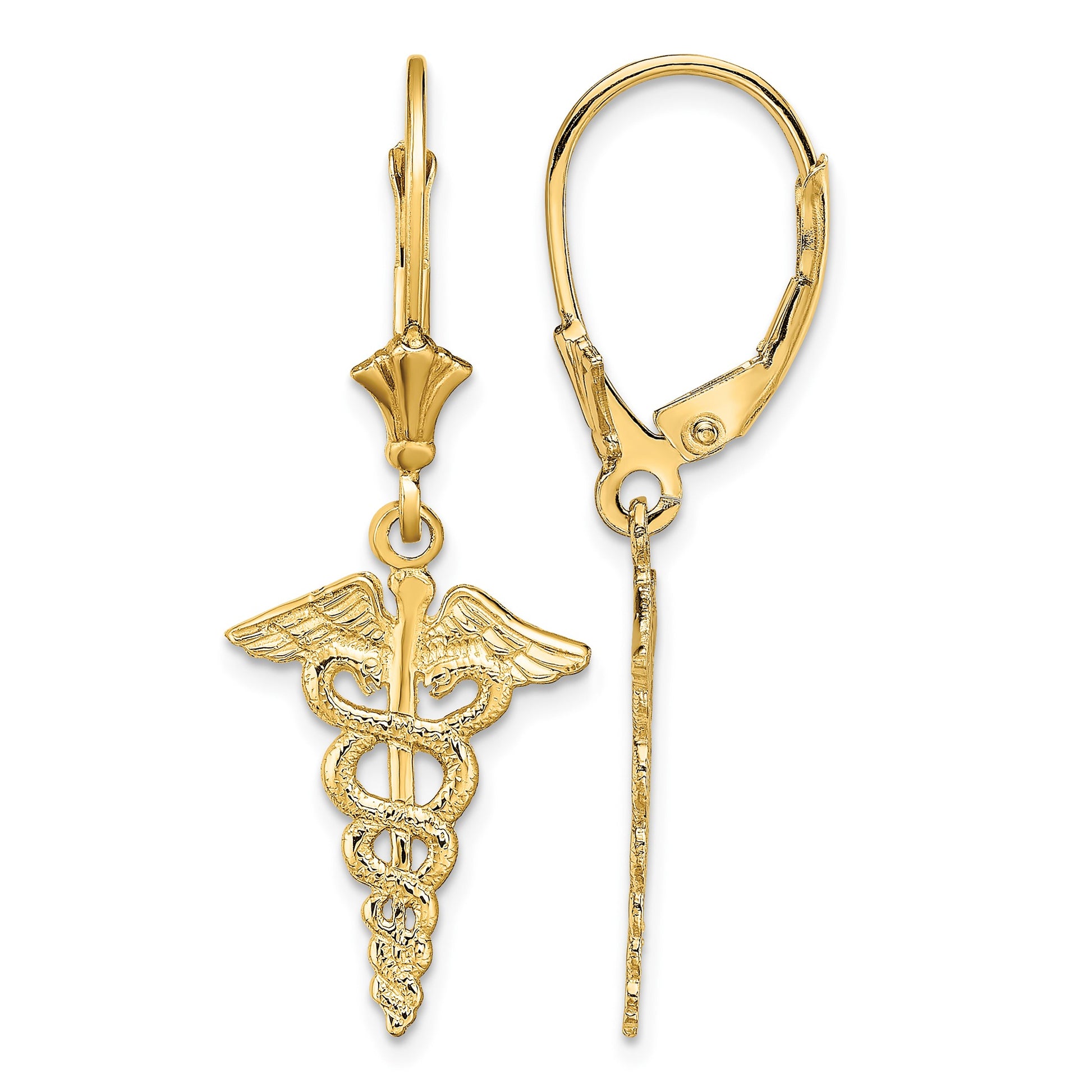 14K Caduceus Dangle Leverback Earrings