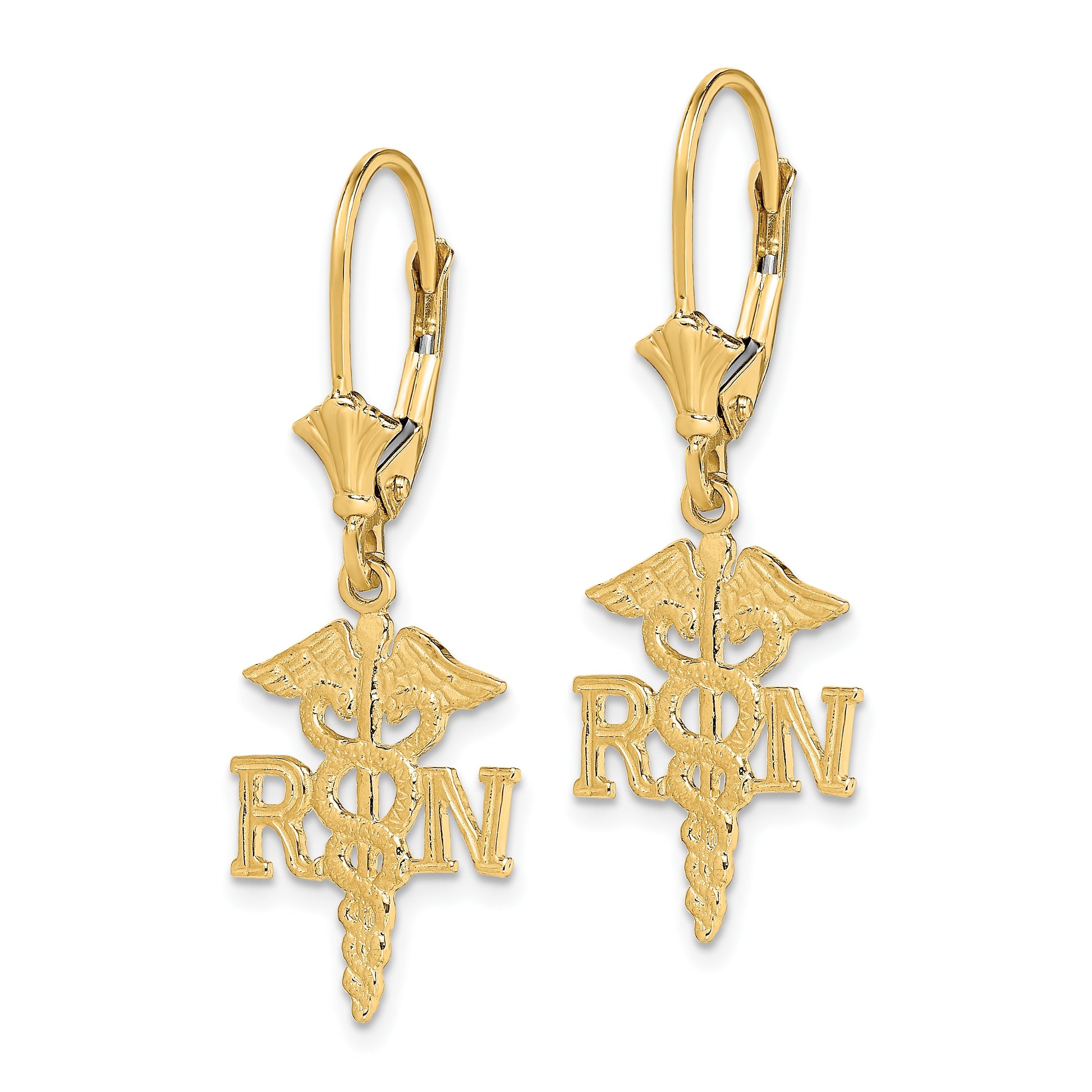14K RN Caduceus Dangle Leverback Earrings