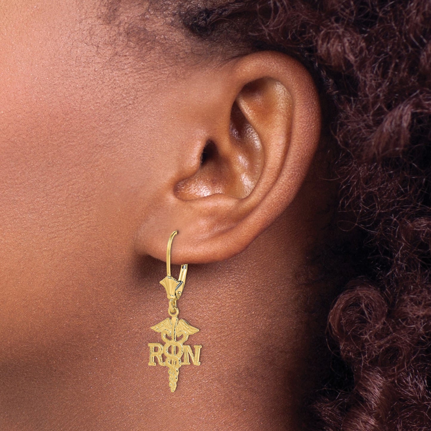 14K RN Caduceus Dangle Leverback Earrings