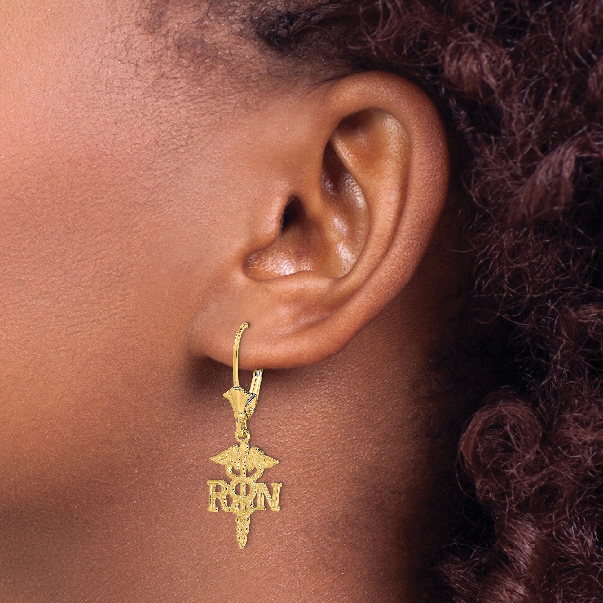 14K RN Caduceus Dangle Leverback Earrings