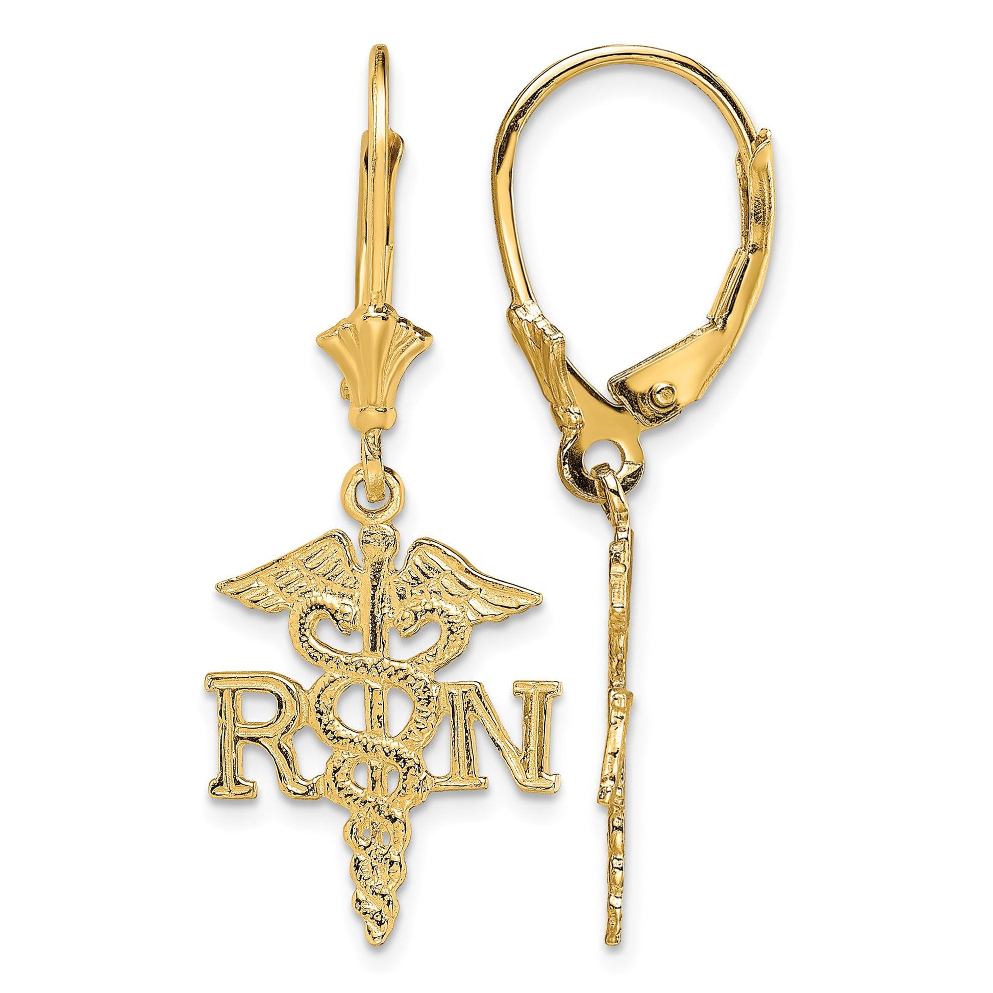 14K RN Caduceus Dangle Leverback Earrings