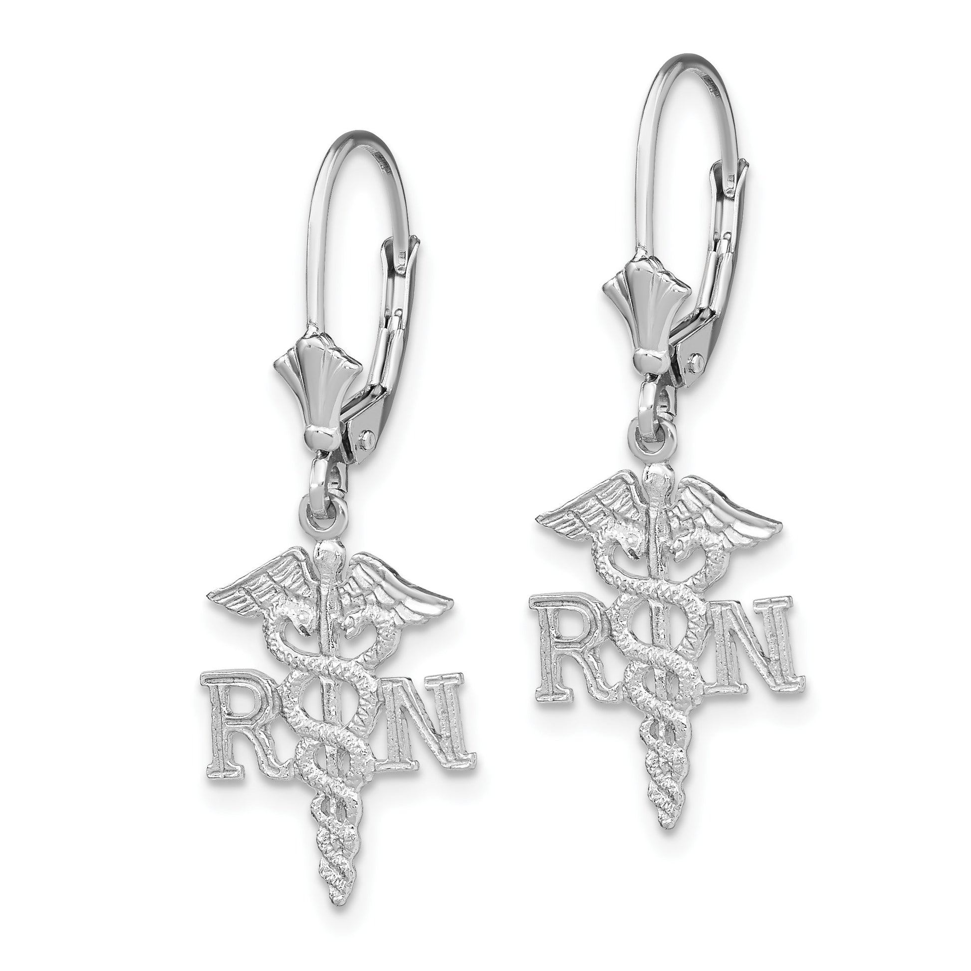 14K White Gold RN Caduceus Dangle Leverback Earrings