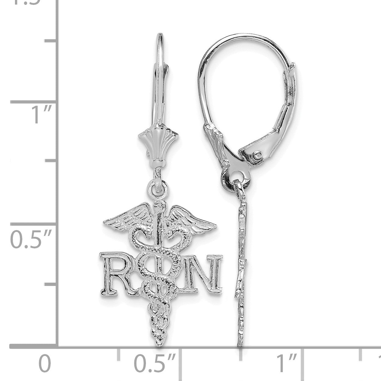 14K White Gold RN Caduceus Dangle Leverback Earrings