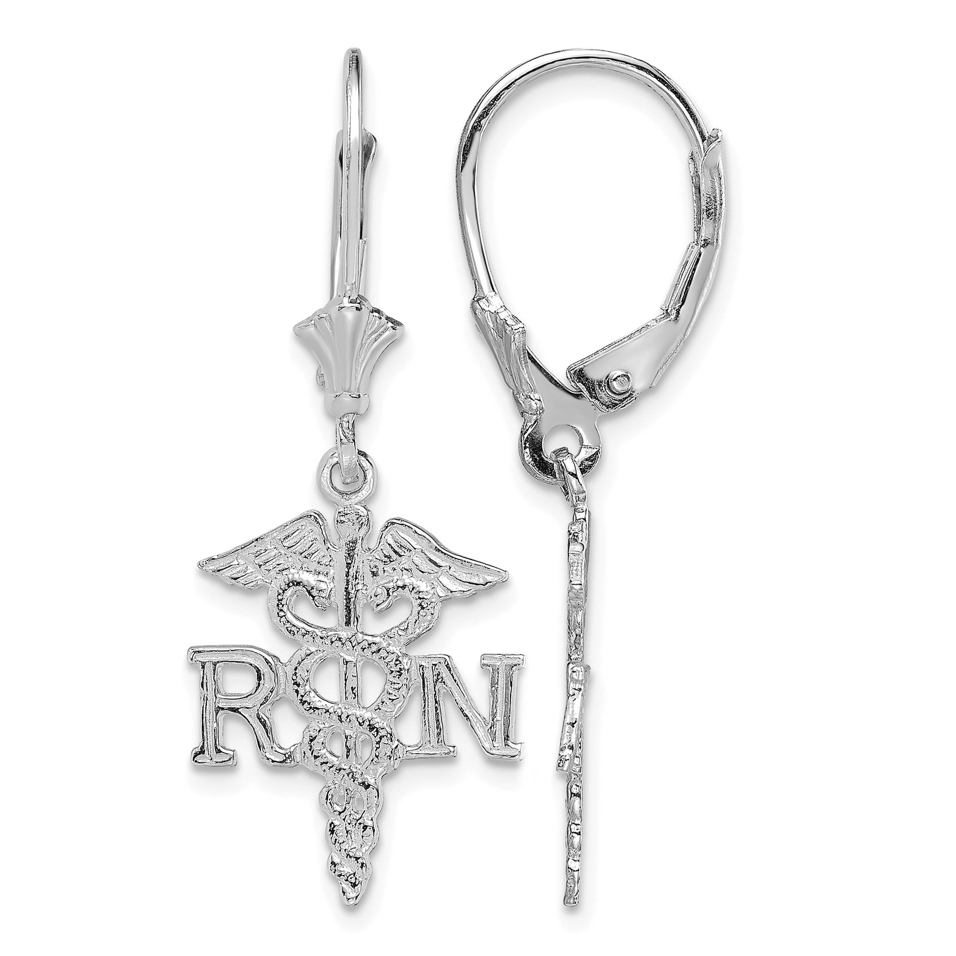 14K White Gold RN Caduceus Dangle Leverback Earrings