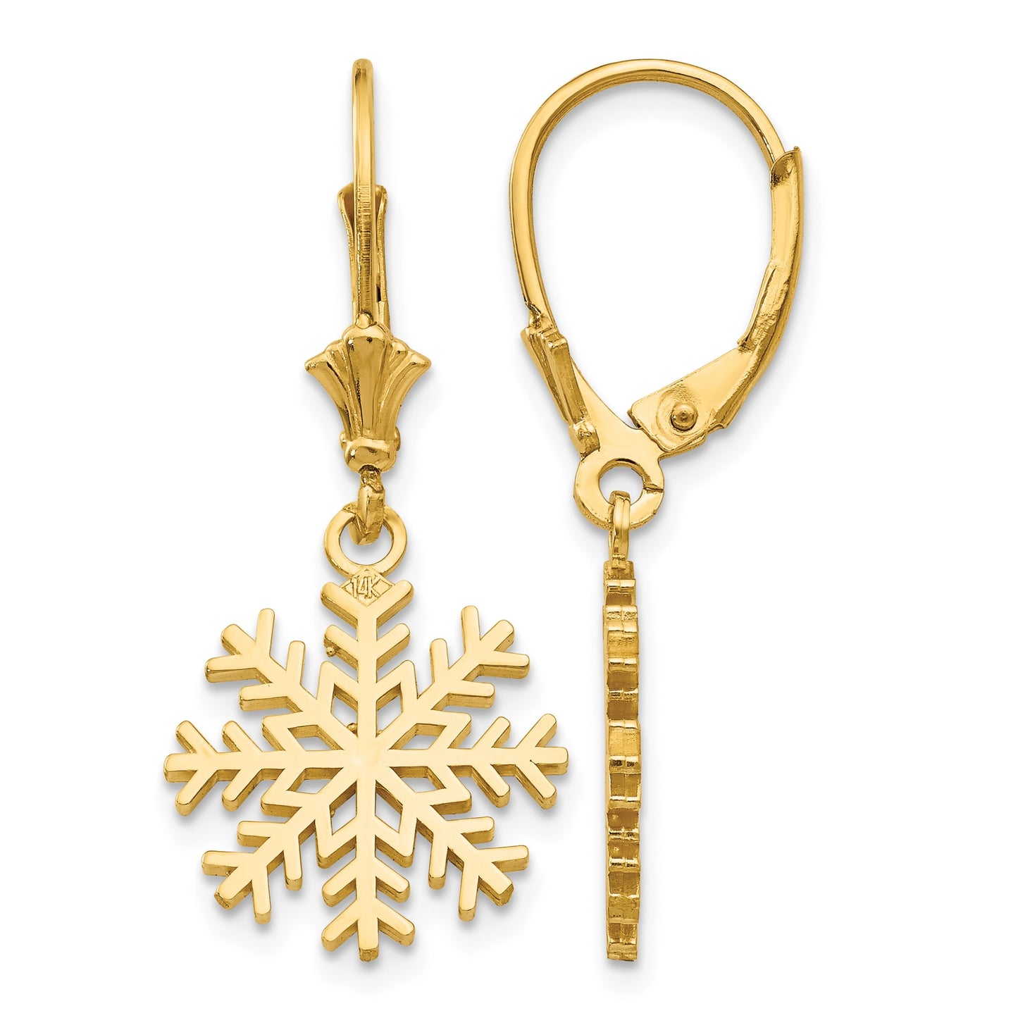 14K Snowflake Dangle Leverback Earrings