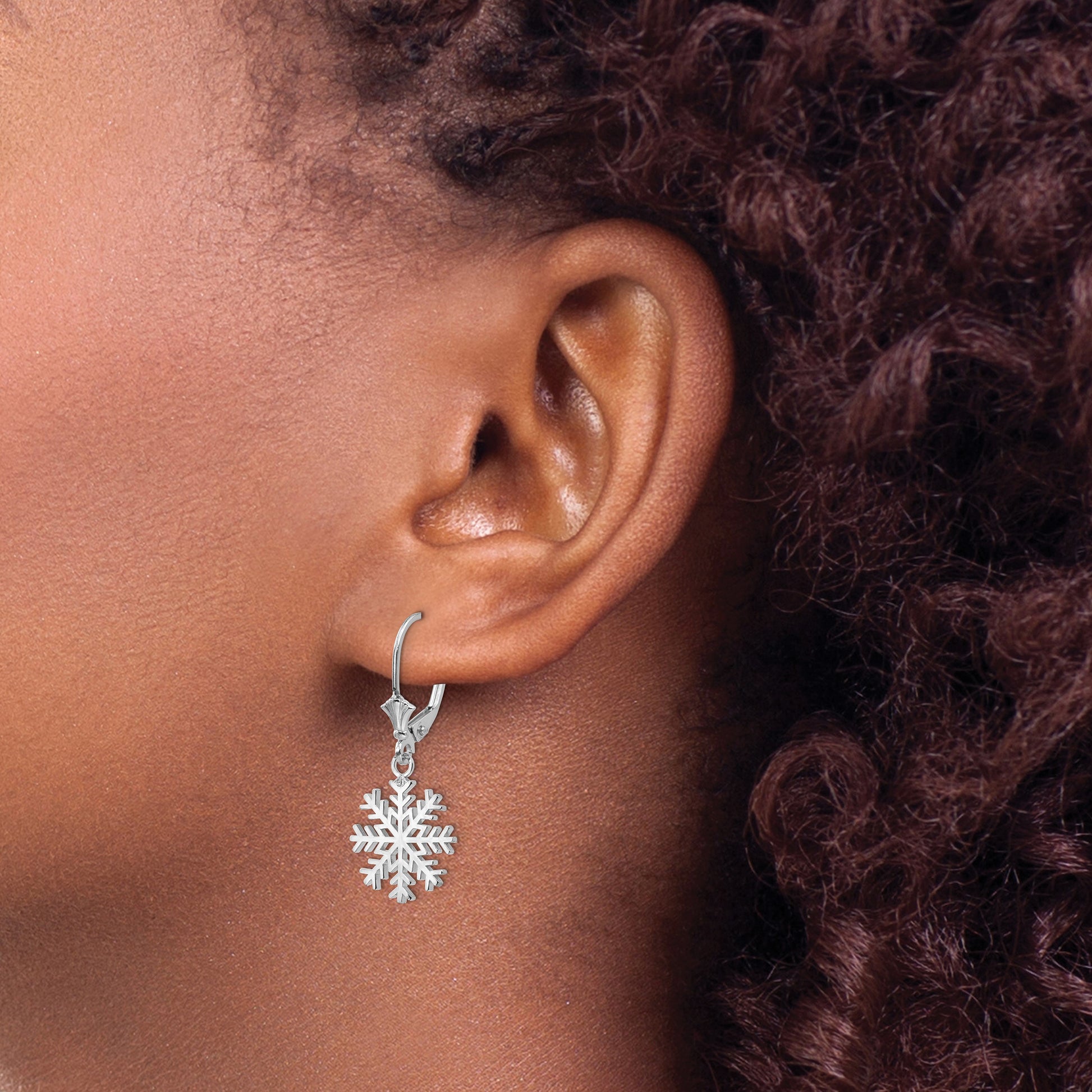 14K White Gold Snowflake Dangle Leverback Earrings