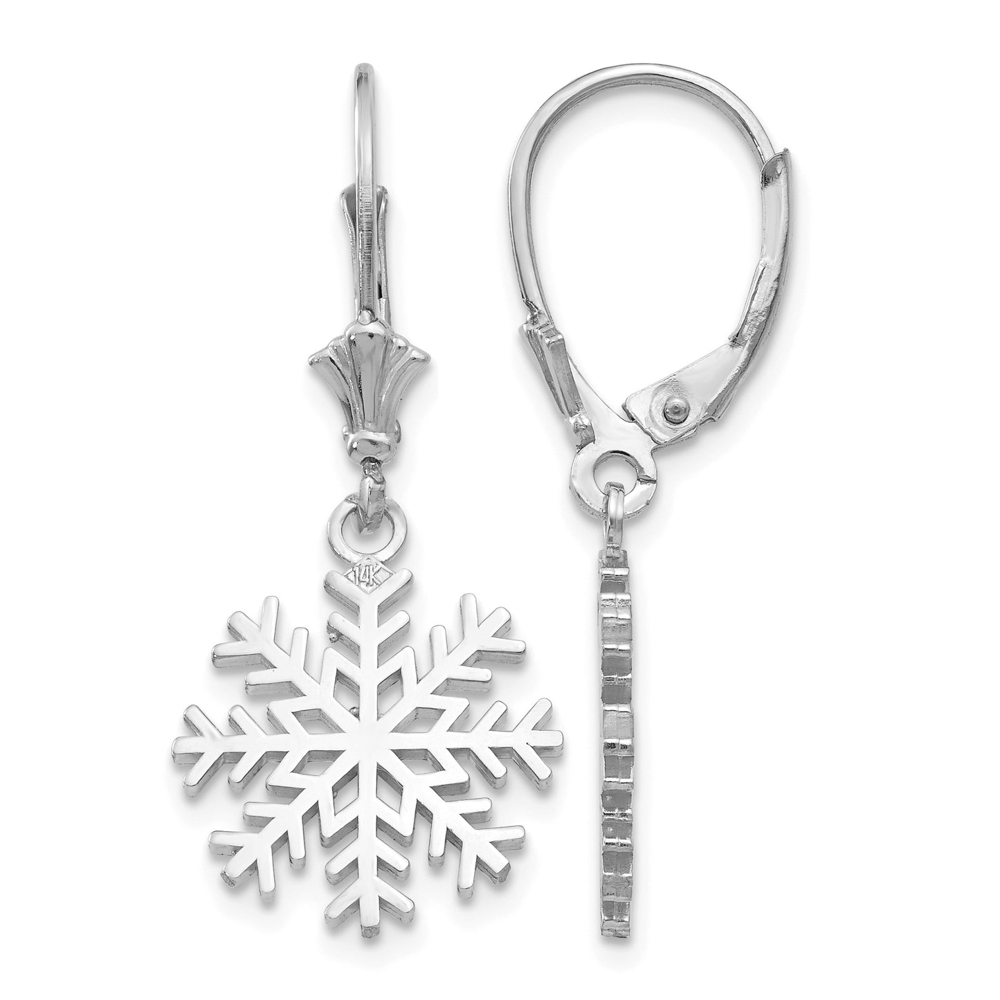 14K White Gold Snowflake Dangle Leverback Earrings
