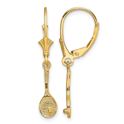 14K Polished Tennis Racquet with Ball Dangle Leverback Earrings