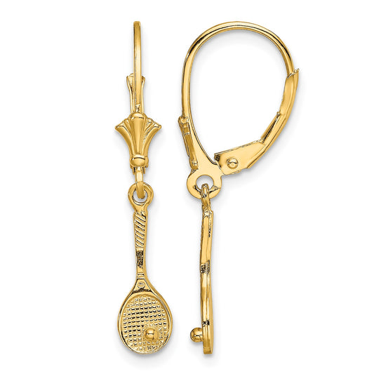14K Polished Tennis Racquet with Ball Dangle Leverback Earrings
