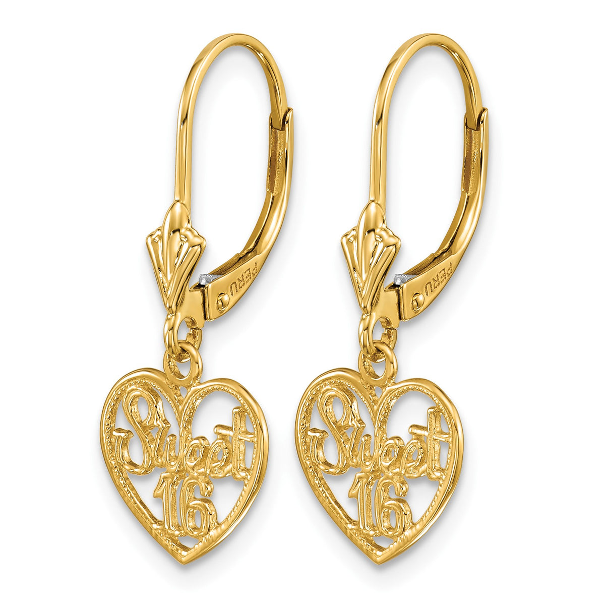14K Polished SWEET 16 in Heart Dangle Leverback Earrings