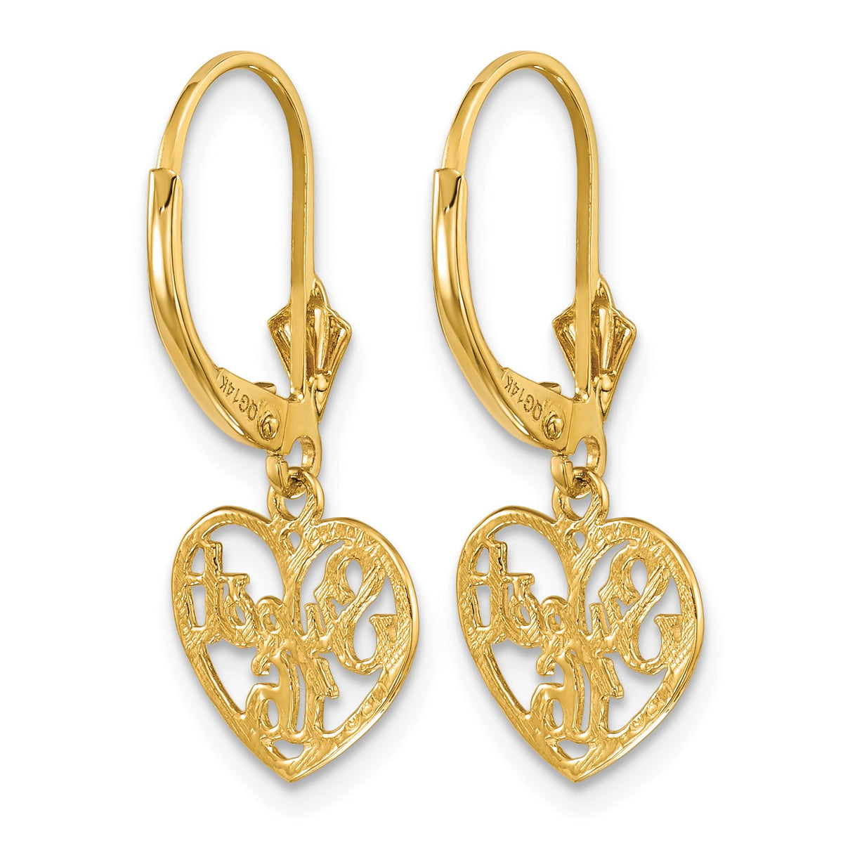 14K Polished SWEET 16 in Heart Dangle Leverback Earrings